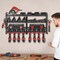 4-Tier Wall Mounted Tool Rack in Black Carbon Steel with 8 Drill Slots and Mesh Shelves